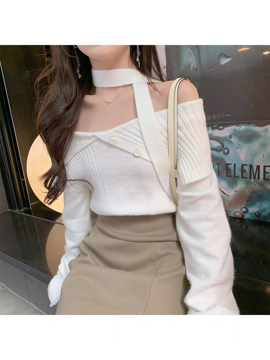 ByYou New Style Rabbit Velvet Ribbon White One-shoulder Sweater Women's Short Soft Waxy Thickened Bottoming Sweater