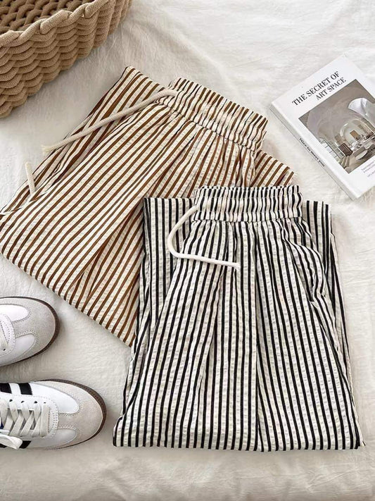 RENA casual lazy style striped drape casual pants elastic high waist versatile thin slim straight long pants