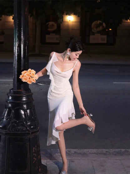 Thirteen and Little Chiffon Dress Women Summer Ribbon Diagonal Swing Waist Temperament High-Level White Suspender Dress