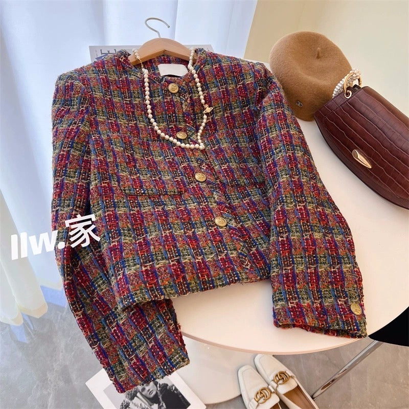 Autumn Color Equation shi~ Round neck tweed woven short jacket Feminine celebrity single-breasted small fragrant wind top