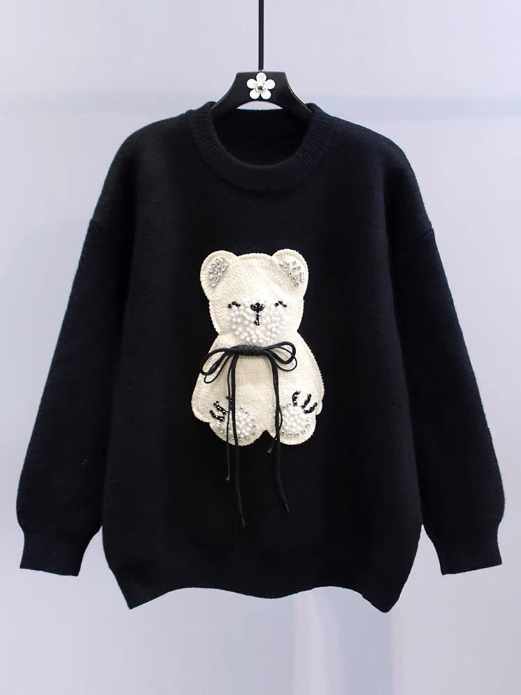 Japanese cartoon bear beaded pullover hairy head women's autumn and winter 2023 new loose and high-end age-reducing knitted top