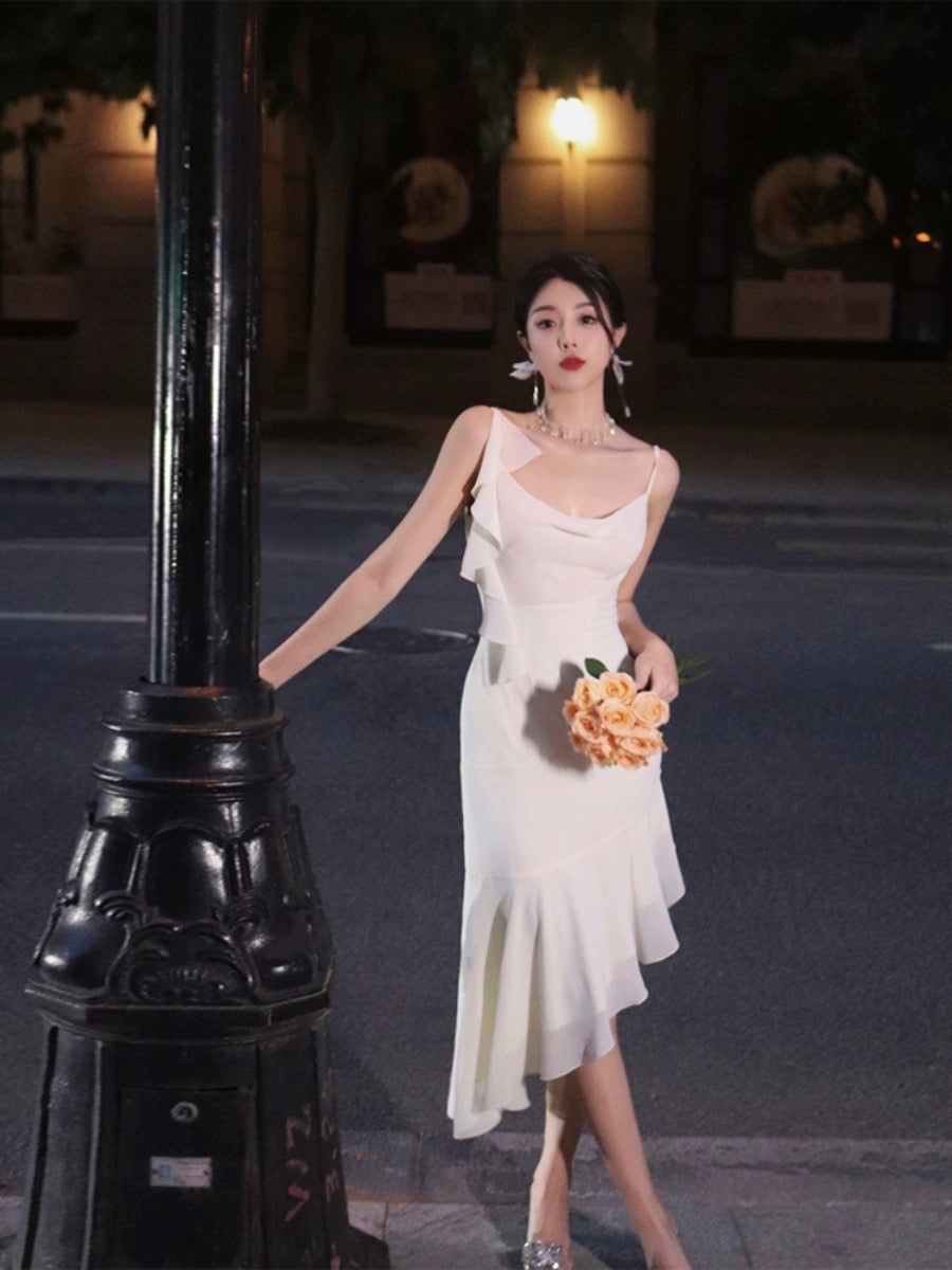 Thirteen and Little Chiffon Dress Women Summer Ribbon Diagonal Swing Waist Temperament High-Level White Suspender Dress