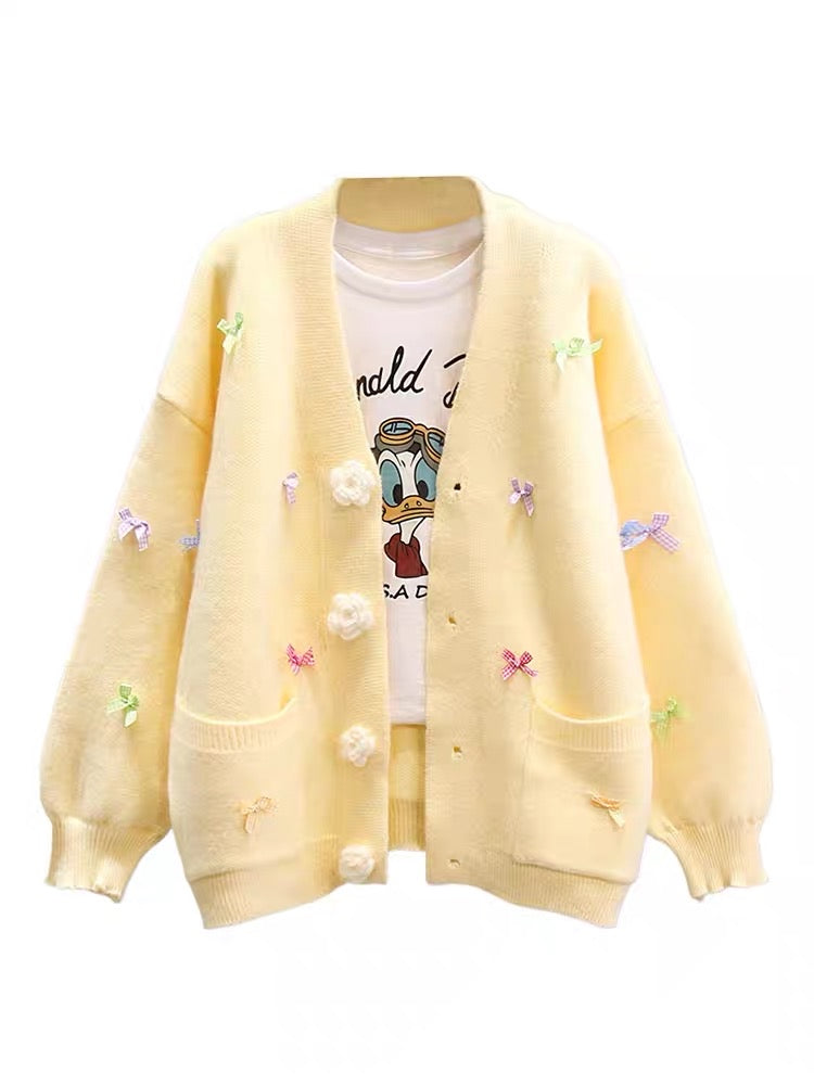 Japanese flower bow sweater coat for women autumn and winter 2023 new loose lazy style knitted cardigan