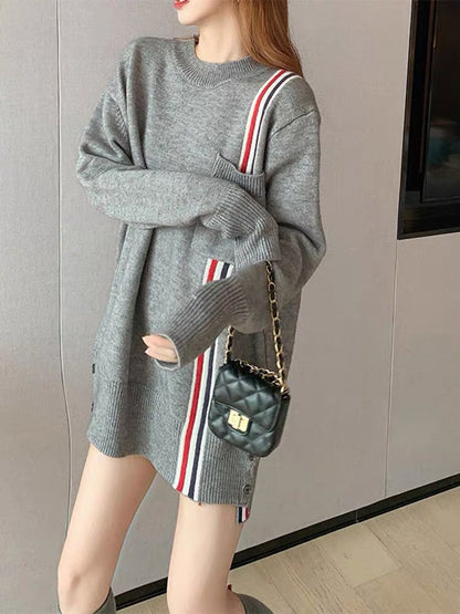 Women's large size lazy style striped outer sweater Korean style loose fashion trendy sweater gray top for women T3459