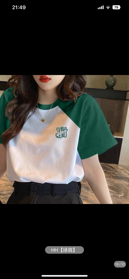 Splicing and contrasting color front shoulder pure cotton short-sleeved t-shirt women's 2023 summer new loose tops niche design trendy