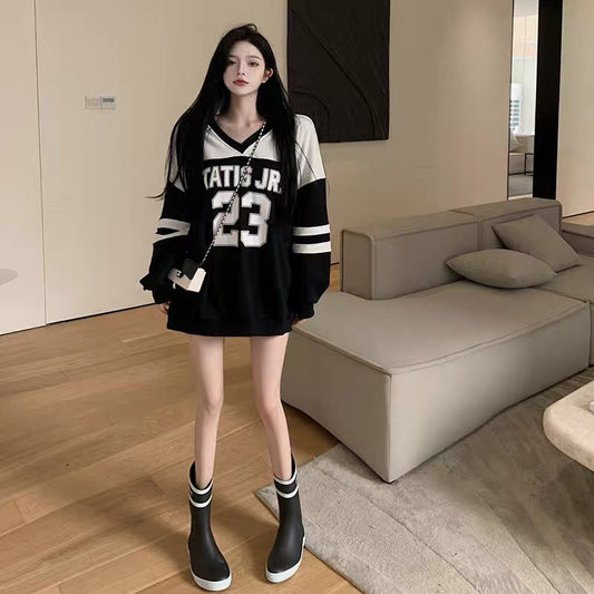 BF style Hong Kong style stitching letter print sweatshirt women's large size loose mid-length V-neck slightly fat fashion top T3449