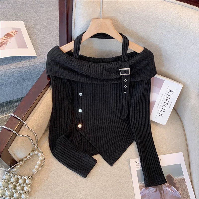 Sweet cool hot girl high-end black halterneck irregular short knitted long-sleeved bottoming shirt top for women autumn new style