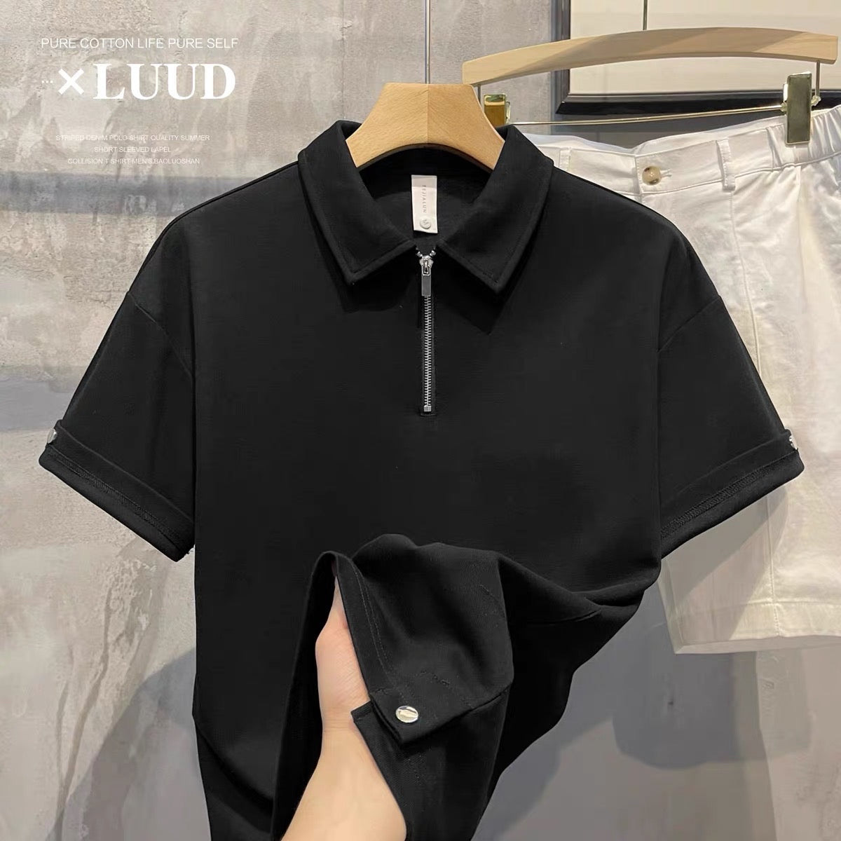 LUUD solid color loose zipper lapel polo top simple button design men's all-match short-sleeved polo T-shirt