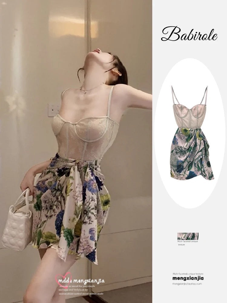 Summer dopamine wear small floral suspender dress feminine tube top streamer waist bag hip skirt