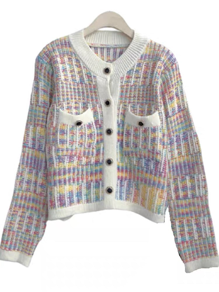 Fluffy 2023 new spring clothing small fragrance design niche colorful plaid knitted cardigan sweater women's tops (S149)