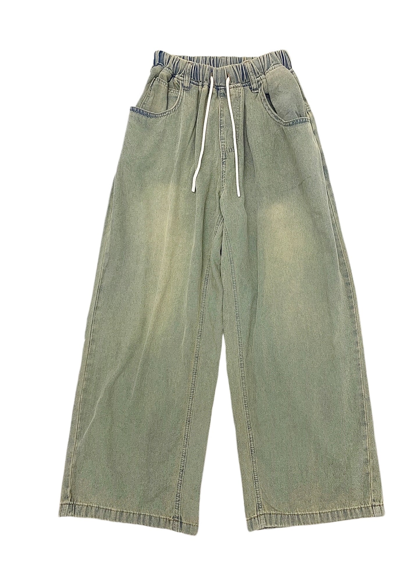 JUGUG new slimming jeans women's green washed overalls straight drawstring high waist loose wide-leg trousers