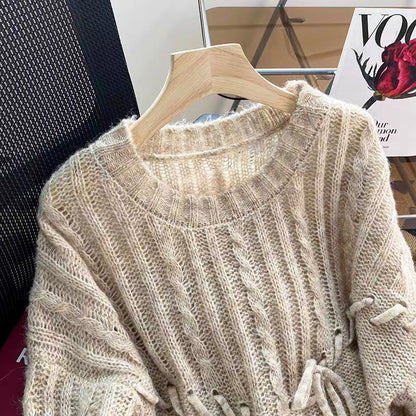 Designed lace-up thin pullover sweater for women in early autumn 2022 new Japanese style loose lazy style hollow sweater