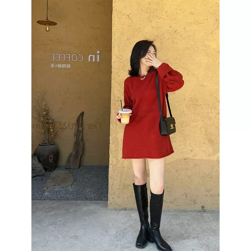 Atmospheric natal New Year and Christmas red knitted sweater for women in autumn and winter, loose and slim, western-style mid-length top T9496