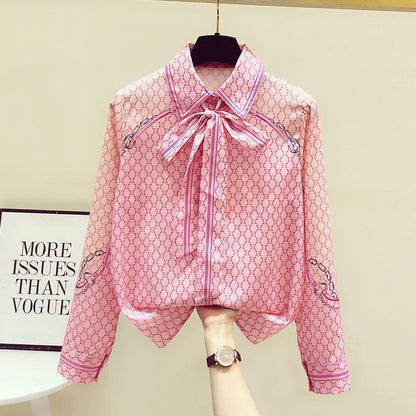 Temperament high-grade silk flower shirt female bow streamer foreign style top spring and autumn 2023 new design sense shirtq