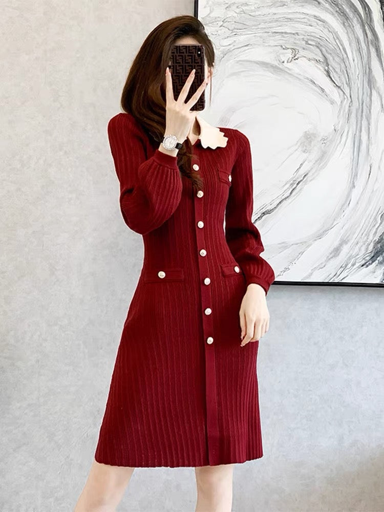 High end retro burgundy baby doll collar dress for women autumn