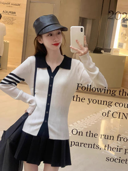 Guoguojia color-blocked long-sleeved sweater for women autumn 2023 new lapel thin slim sweater bottoming shirt (B3314)