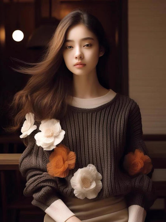 Women's 2023 new autumn heavy-duty crocheted high-end and super good-looking European style lazy style pullover sweater for little people (B1510)