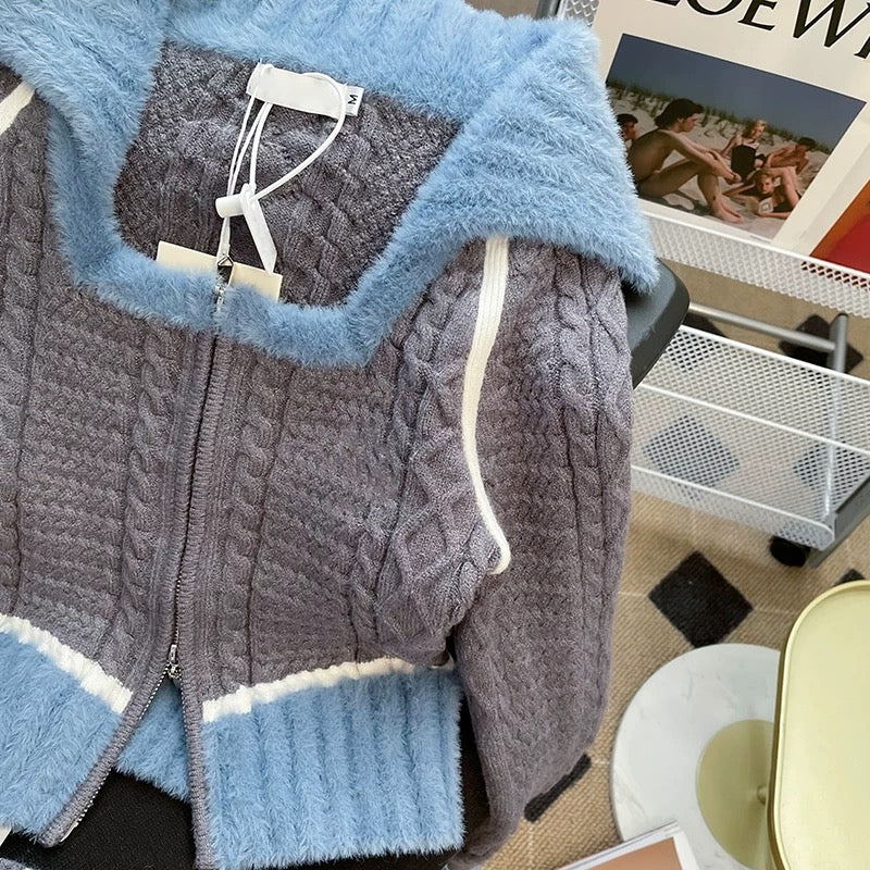 Sweet cool girl design short knitted cardigan autumn and winter new color matching slim slim long-sleeved sweater bottoming shirt