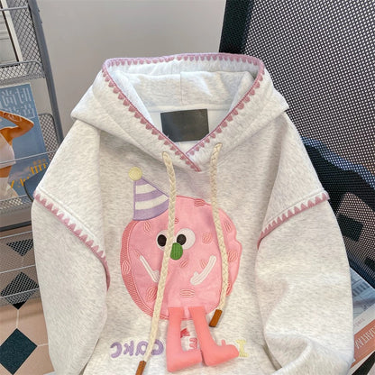 Korean style super cute three-dimensional cartoon embroidered sweatshirt men and women autumn and winter lazy style plus velvet thick hooded jacket