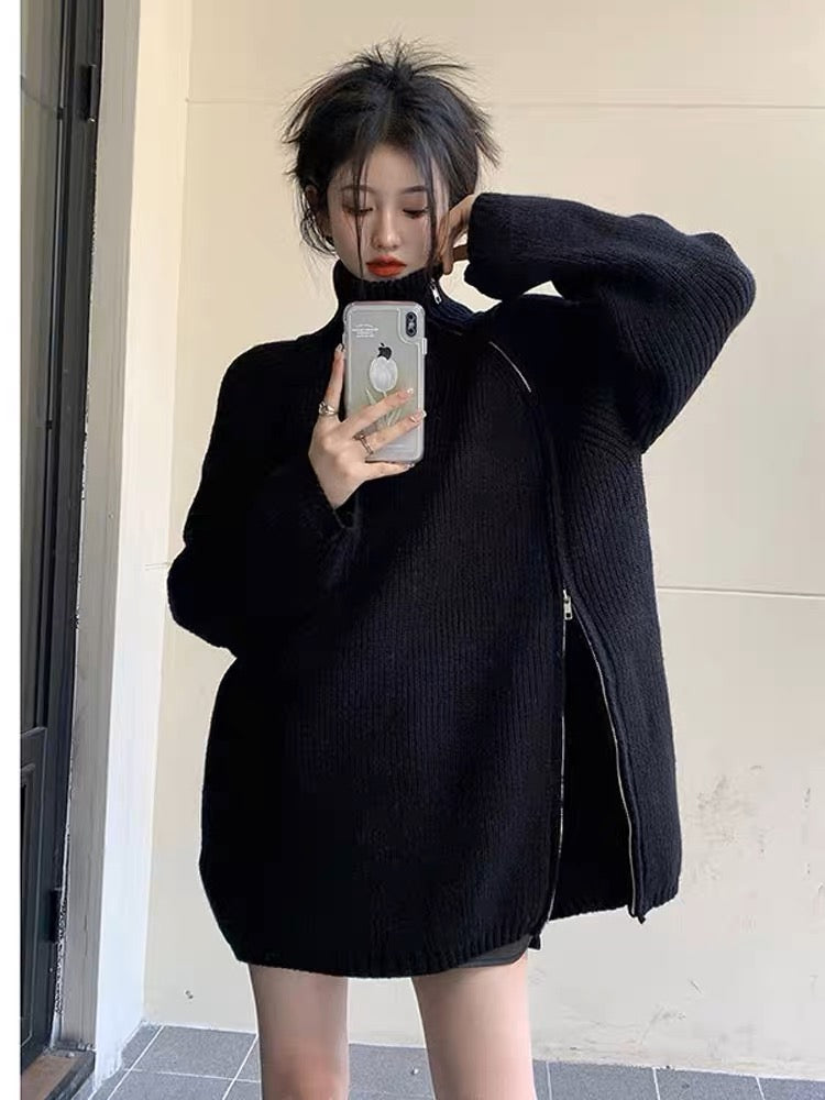 Side zipper design turtleneck sweater for women winter 2023 new niche lazy  style mid-length knitted top