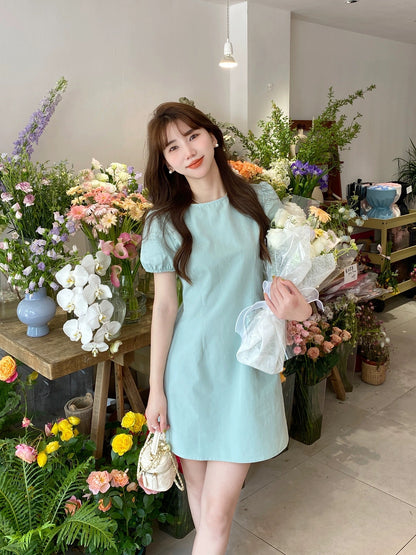 Berry likes you and likes large custom-made blue square collar puff sleeve dress women's summer high waist short a-line skirt