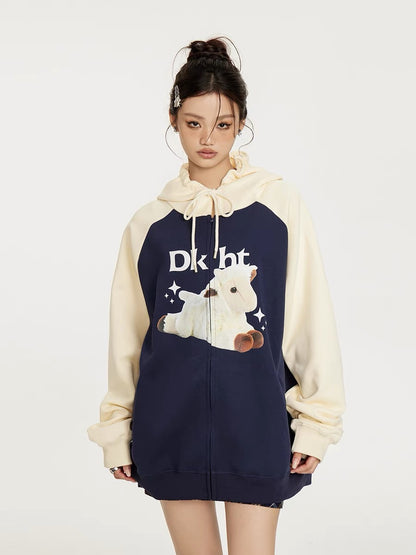 Sanowers cartoon cute lamb print cardigan hooded sweatshirt autumn loose couple raglan sleeve hoodie jacket (S0662)