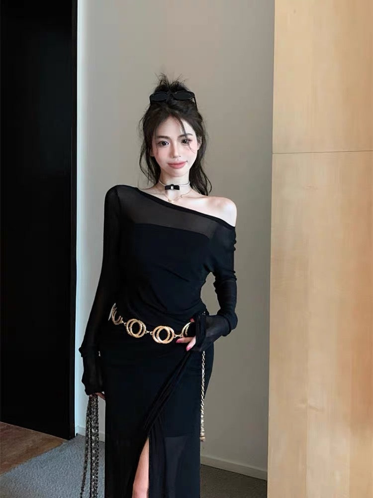 Korean version of pure desire sexy dress lazy wind mesh irregular thin slit black long skirt hot girl suit