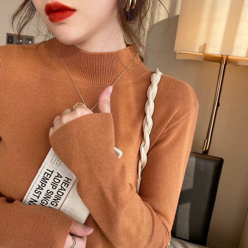 Women's knitted sweater spring and autumn half-high collar bottoming sweater Chanel style inner wear autumn and winter woolen sweater 2024 new tops