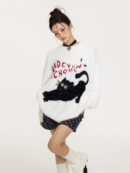 Sanowers American retro flocked cat print sweater women's autumn loose lazy style couple sweater top (S0661)