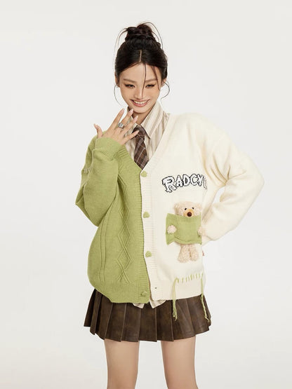 Sanowers patchwork contrasting color design, cute three-dimensional bear pendant, loose and lazy style V-neck cardigan sweater (S0666)