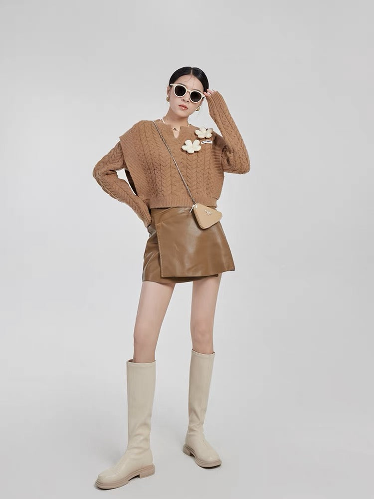 LLL LAB/French salt top brown three-dimensional flower design short sweater oversize lazy style (S0601)