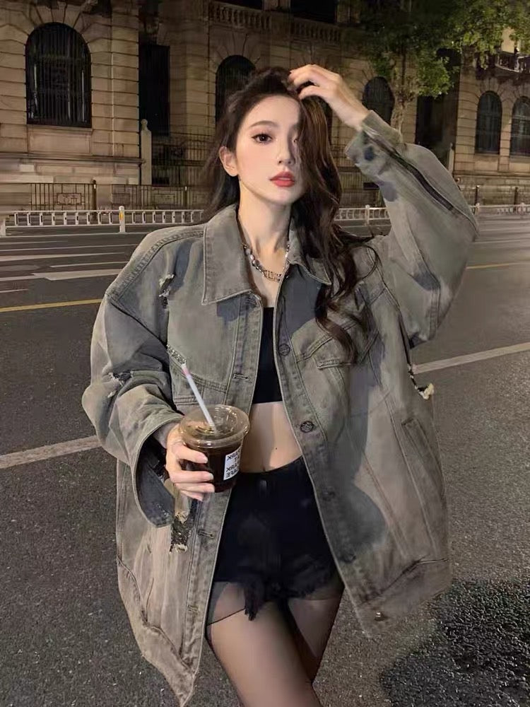 American retro high street ripped denim jacket women's spring and autumn 2023 new high-end tops for small men