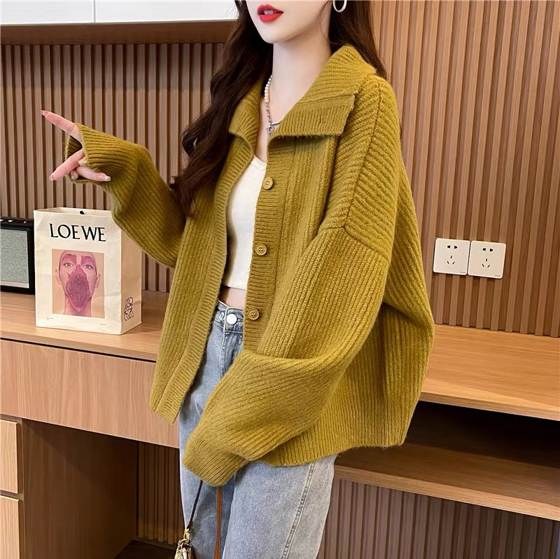 Personalized design turtleneck sweater cardigan for women 2023 new autumn style loose lazy style knitted jacket (S0616)