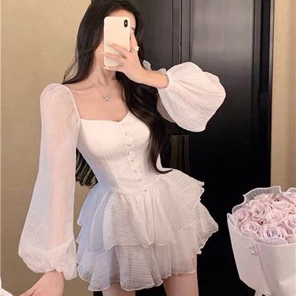 Spice girl high-end sexy French long-sleeved chic and beautiful temperament one-shoulder dress female spring and autumn waist waist cake skirt