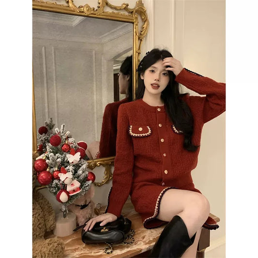 Fashionable little fragrance style Christmas red long-sleeved sweater jacket for women in autumn and winter high-waisted slimming temperament hip-hugging short skirt two-piece set T9495