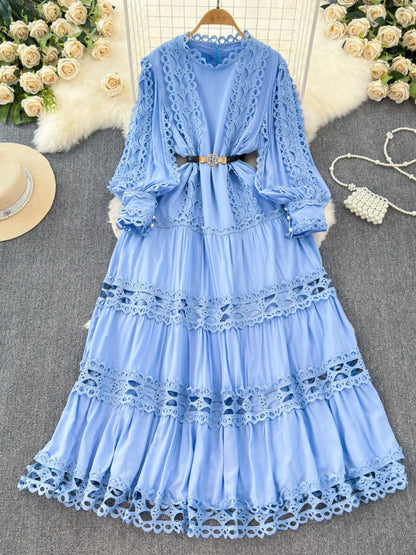 Palace style dress spring dress for women heavy hollow lace splicing slim fit long French puff sleeve high-end dress