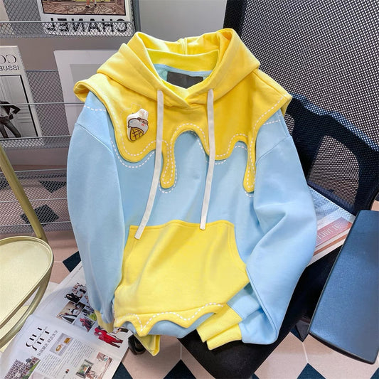 Super cute and cute patchwork contrast color hooded sweatshirt for men and women in spring and autumn, high-end and age-reducing tops and jackets