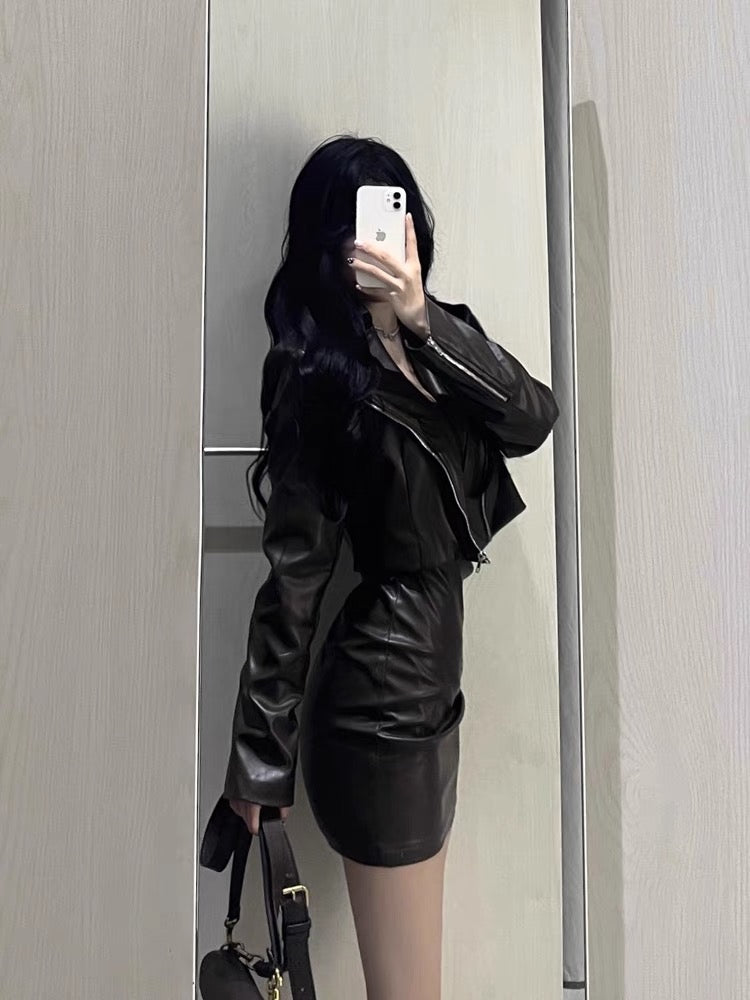 American retro short brown leather coat female spring and autumn high-quality sense jacket jacket small hot girl suit skirt