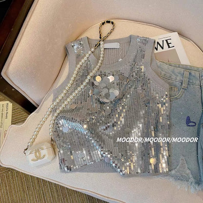 Heavy Industry Sequin Embroidery Knitting Gray Vest Women's Summer Versatile Slim Sleeveless Design Sense of Niche Chic Tops