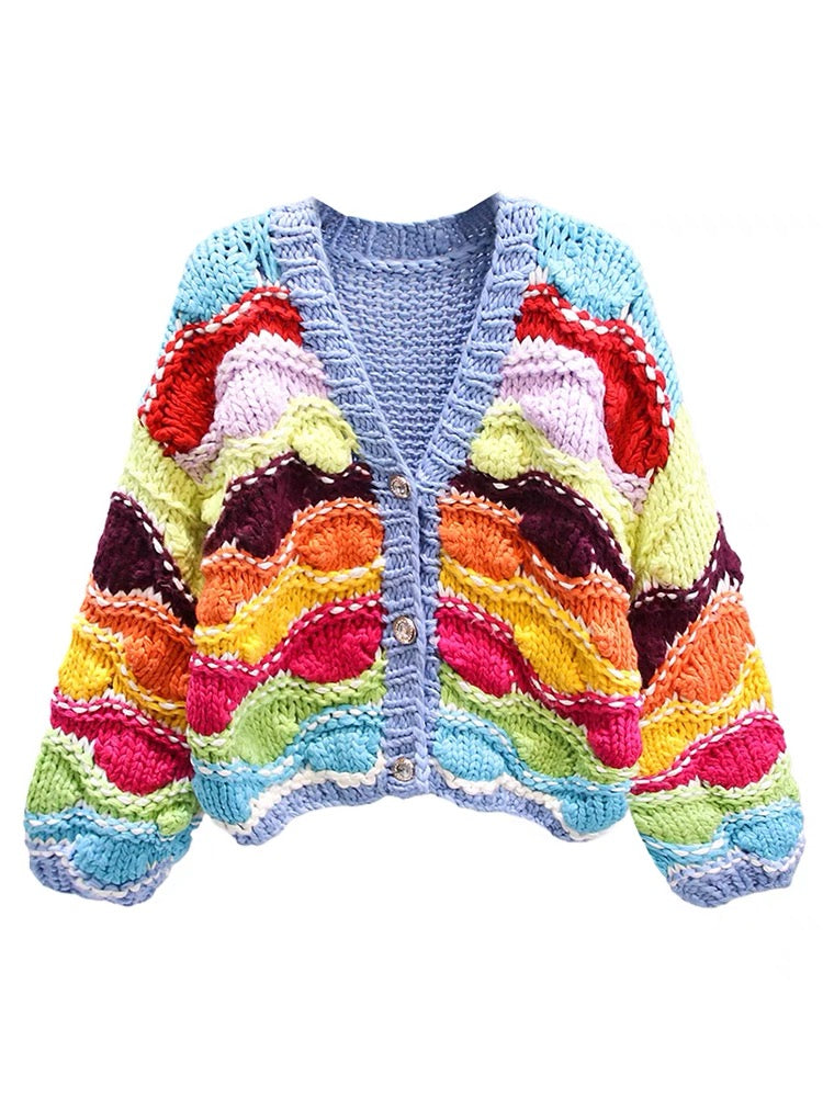 Purely hand-woven colorful spliced sweater jacket for women autumn and winter 2023 new loose lazy style knitted cardigan