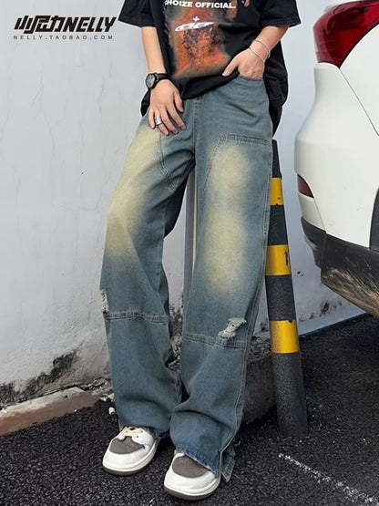 Straight jeans men's summer thin section American fashion brand retro loose wide-leg casual long pants boys spring and autumn