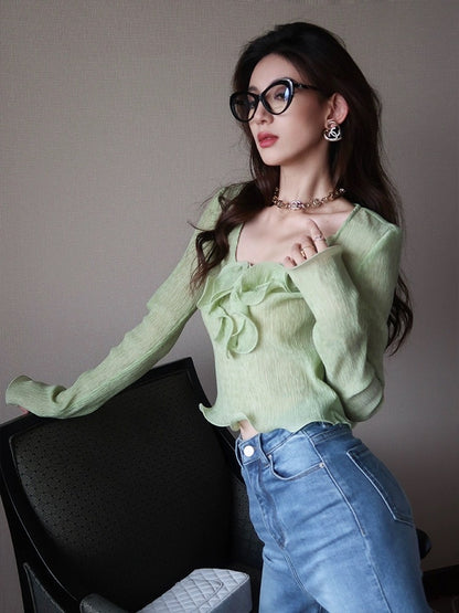 HBE Shuige Mint Girl Wooden Ear Design Sense Waist Slim Short Green Long-sleeved Top Female Spring and Autumn