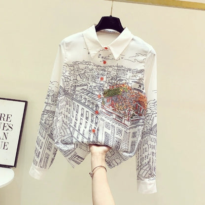 Temperament high-end floral print shirt women's fashion foreign style light mature age-reducing chiffon top spring and autumn design sense niche