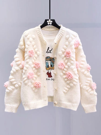 Gentle style design three-dimensional flower sweater cardigan for women autumn and winter 2023 new Japanese loose knitted cardigan