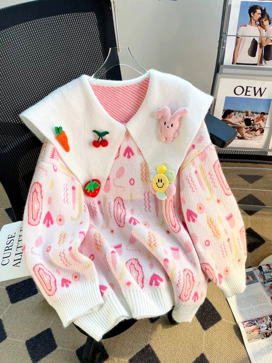 Three-dimensional design doll collar sweet sweater for women autumn and winter outer wear 2023 new loose and gentle style lazy top