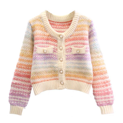 Japanese small fresh rainbow sweater jacket women 2023 autumn and winter new fashion foreign style age-reducing short knitted cardigan