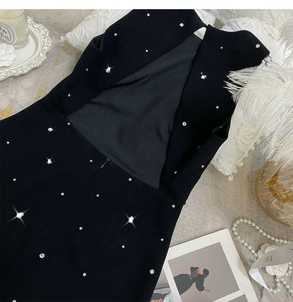 FFmiss Celebrity Style Black Nail Beads Backless Diamond Dress Summer Heavy Industry Nail Diamond Waist Waist Vacation Little Black Dress