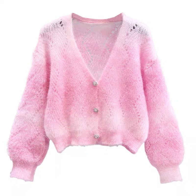 Colorful soft waxy knitted cardigan for women spring 2023 new style loose lazy style short style with hollow sweater jacket