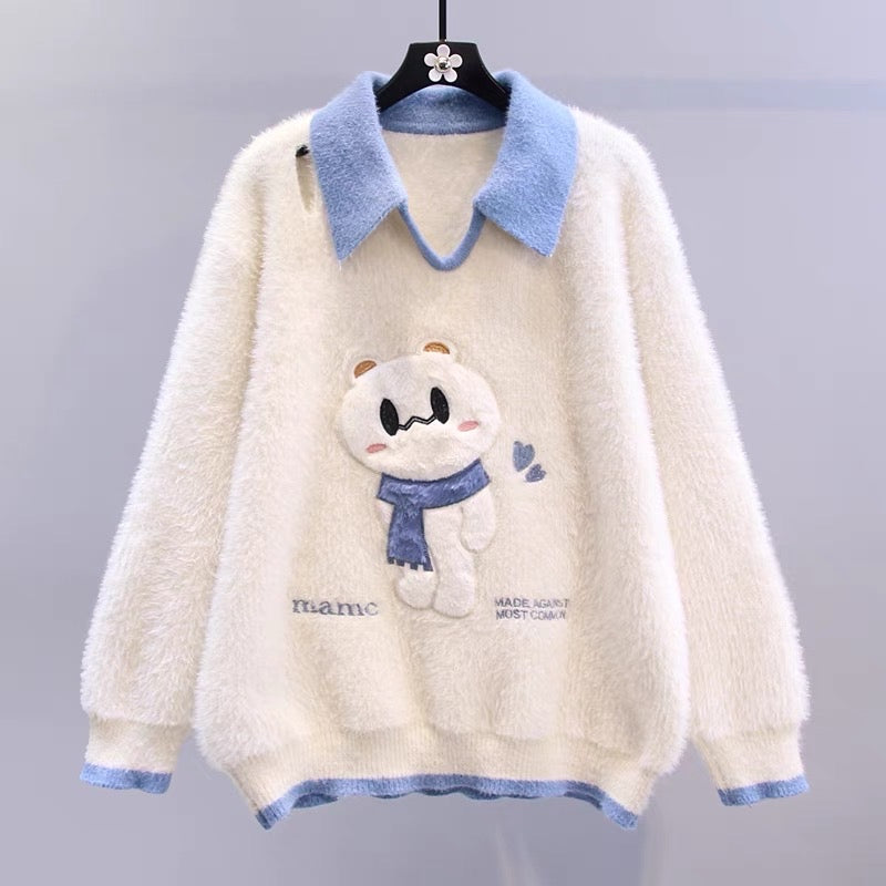 Cartoon Bear Sweater Women's Autumn and Winter 2023 New Loose College Style Design Versatile Knitted Sweater Top for Outerwear