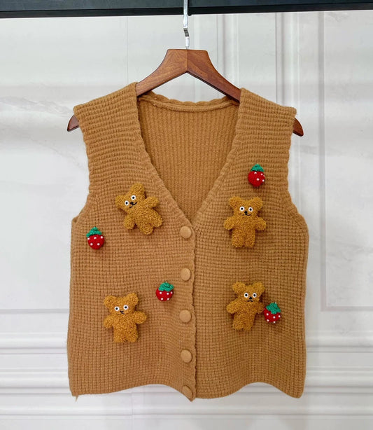 Retro rhombus vest autumn and winter new casual three-dimensional bear doll knitted sweater parent women's top trendy